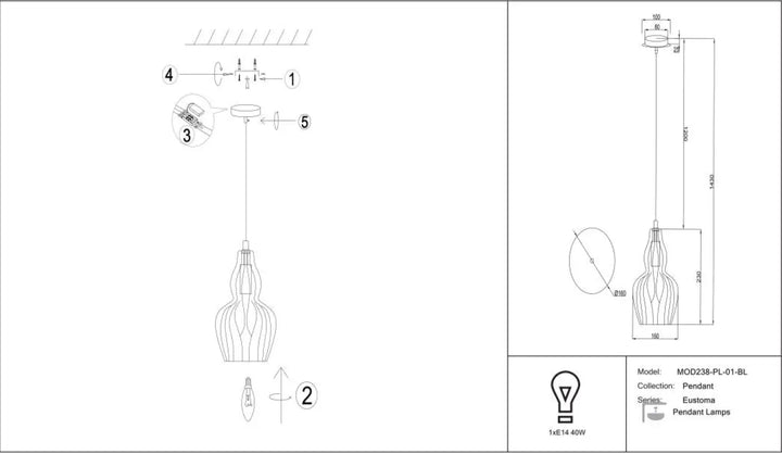 Suspension eustoma mod238-pl-01-bl avec abat-jour en verre incurvé et finition métallique idéale pour d’une table ou d’un îlot