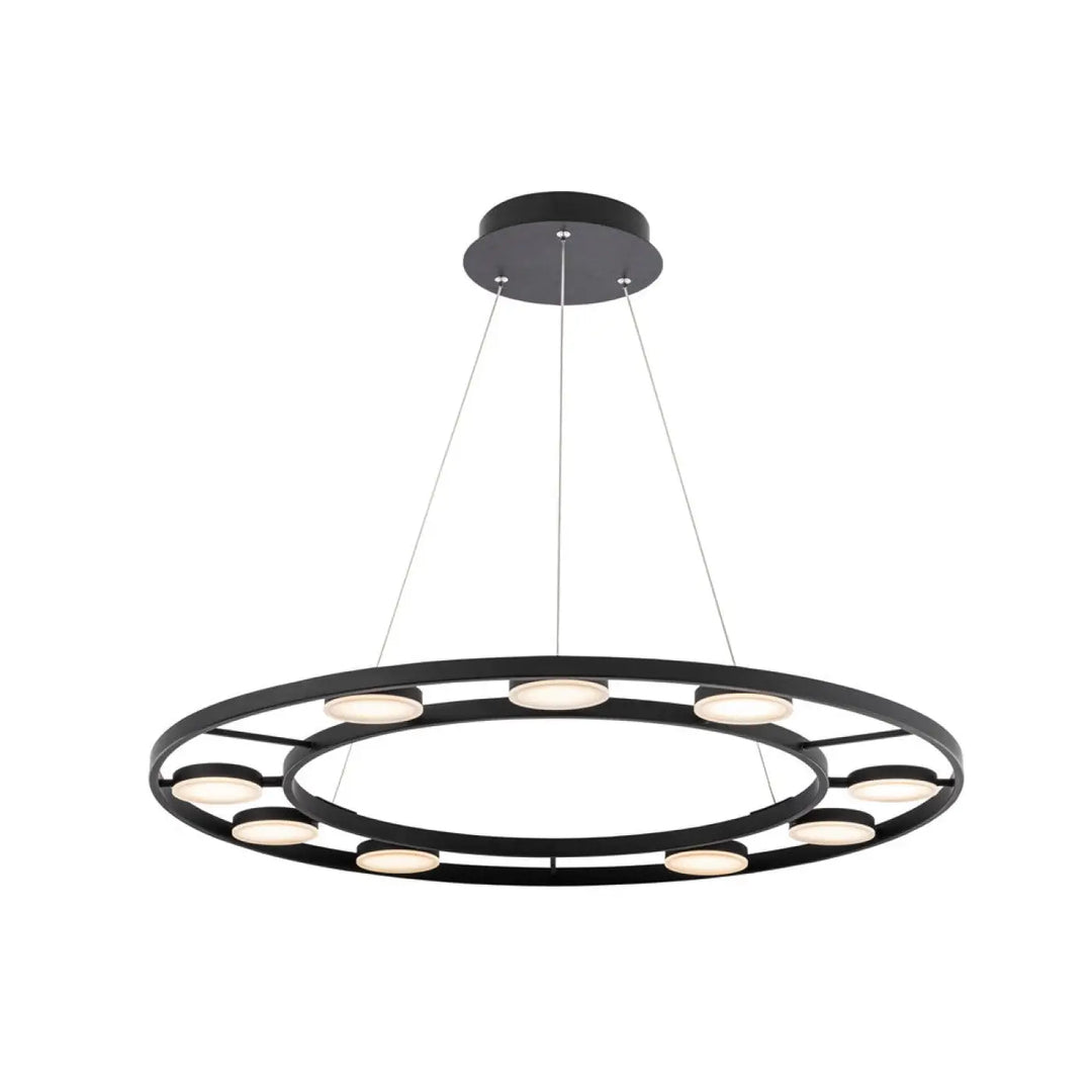Suspension fad en métal noir avec deux anneaux concentriques et dix spots articulés led ton chaud