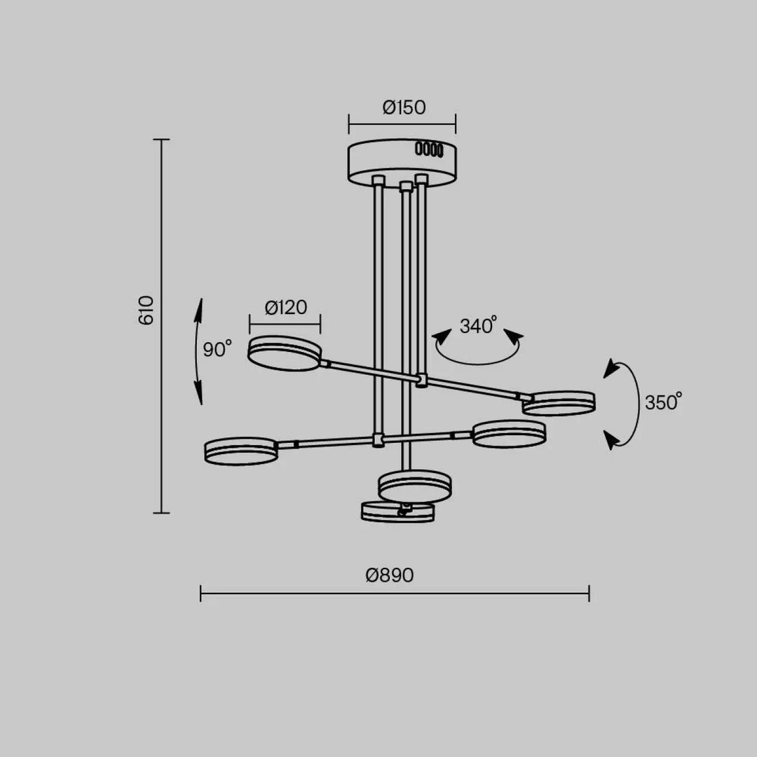 Suspension fad bras articulés en métal noir avec six luminaires circulaires disposés en étoile symétrique moderne