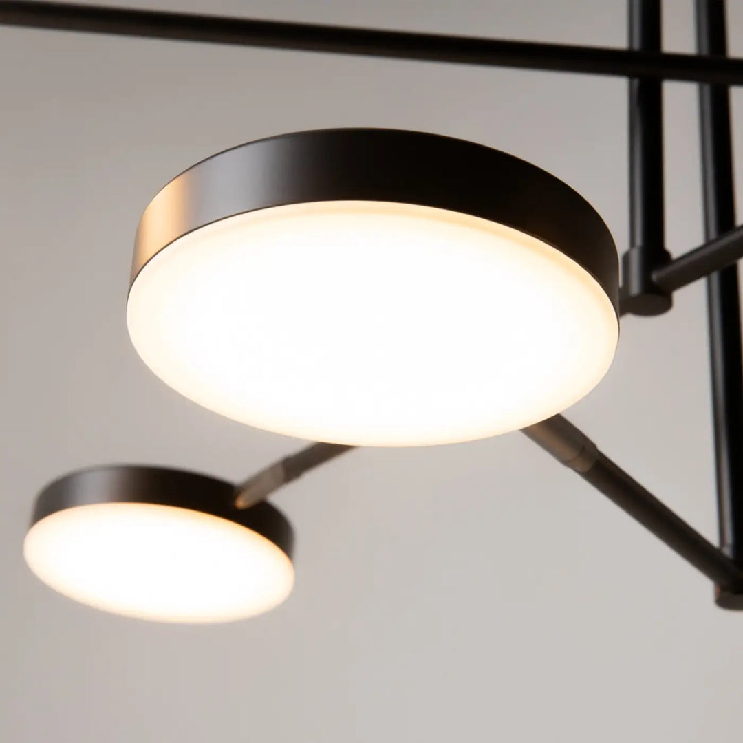 Suspension fad métal noir avec bras articulés et deux anneaux lumineux modernes pour éclairage intérieur