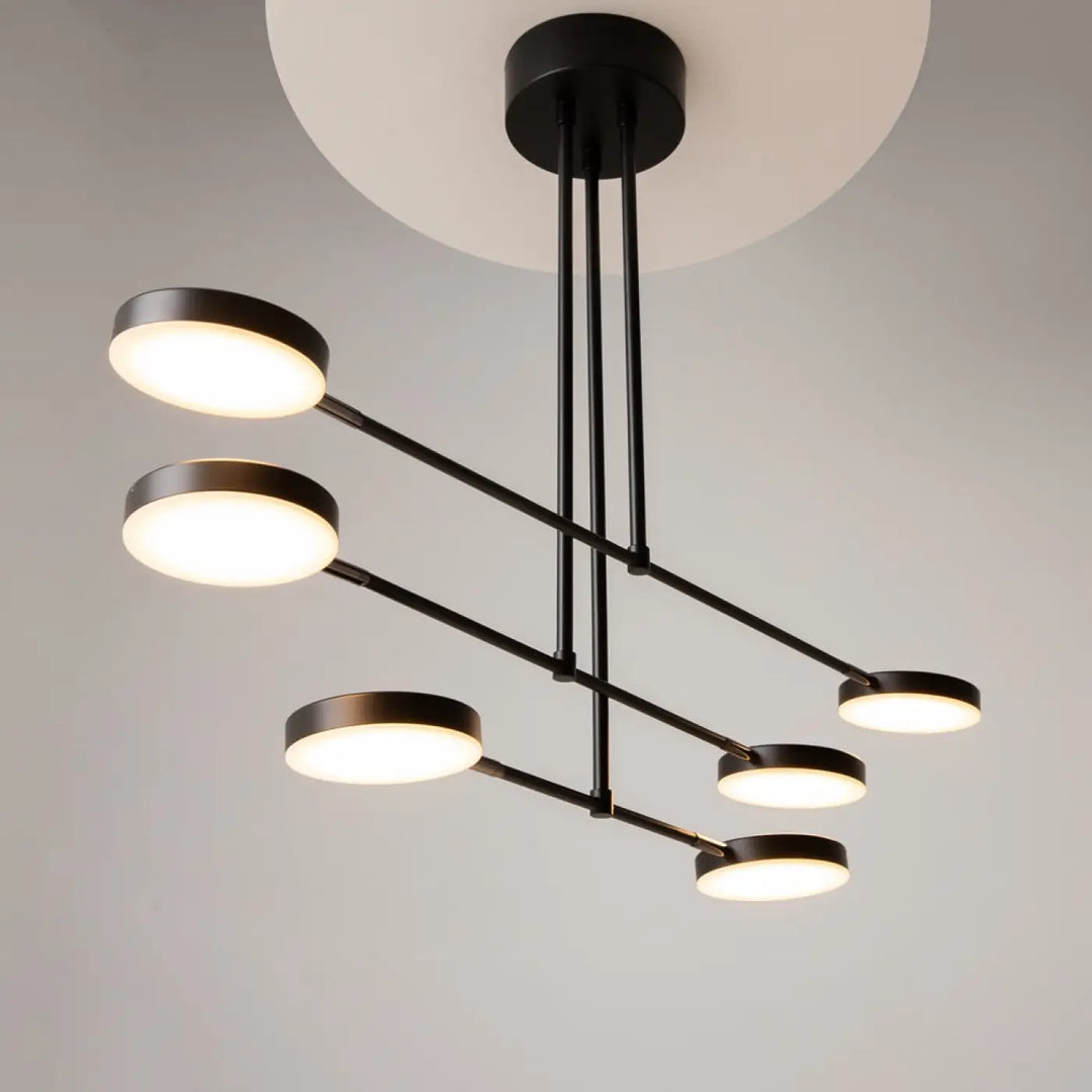 Suspension luminaire fad métal noir avec bras articulés et six leds circulaires chaudes en motif géométrique moderne