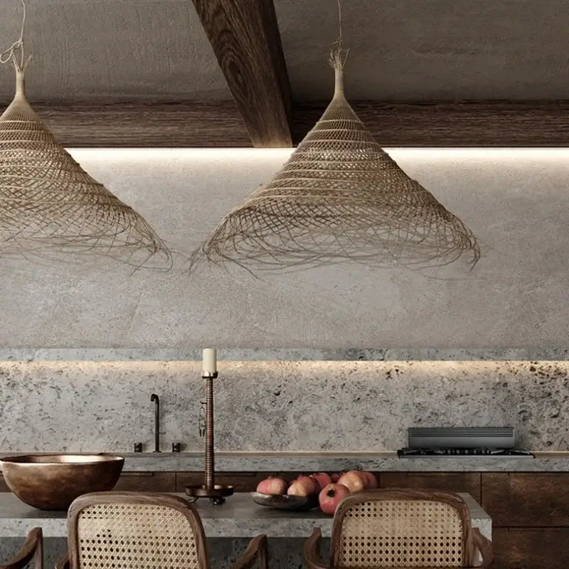 Suspension en fibres naturelles forme conique style bohème chic

