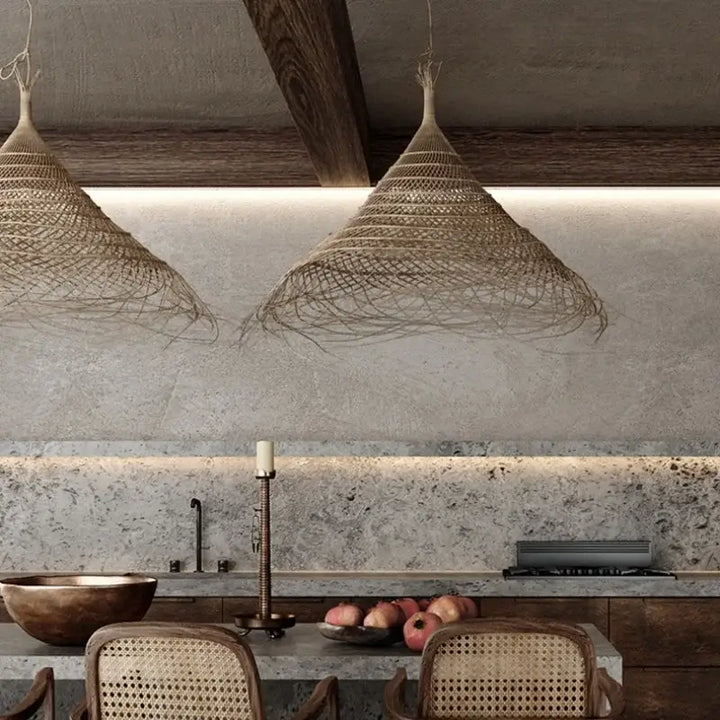 Suspension en fibres naturelles forme conique style bohème chic

