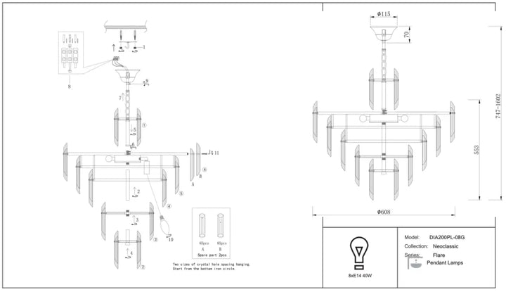 La suspension flare dia200pl-08g est un luminaire suspendu avec structure dorée et verres fumés élégants en cristal-like
