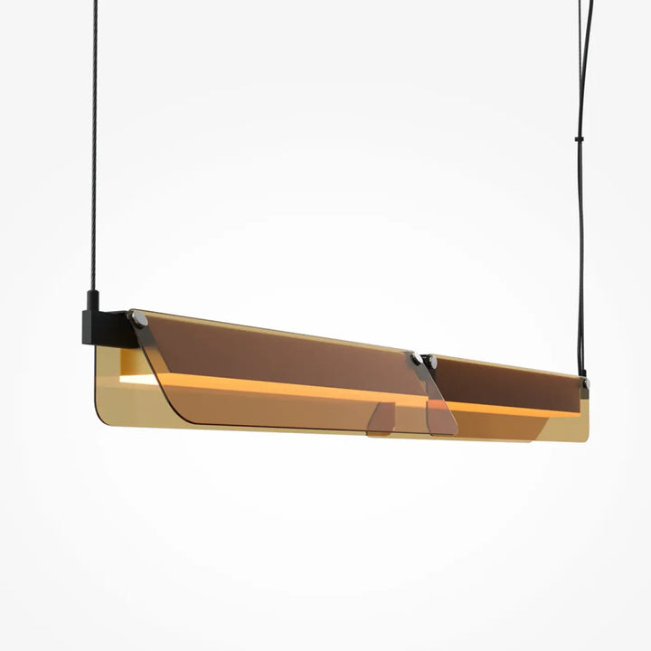 Suspension flat en verre teinté ambre avec led linéaire et finition métal noir minimaliste