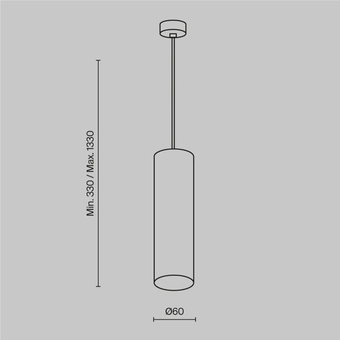Suspension focus cylindrique métallique au-dessus d’un îlot avec tube fin et dimensions précises minimaliste