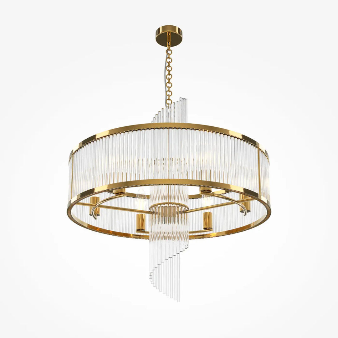 Suspension frame élégant métal doré avec cadres géométriques en verre clair en tiers circulaires et spirale cascades