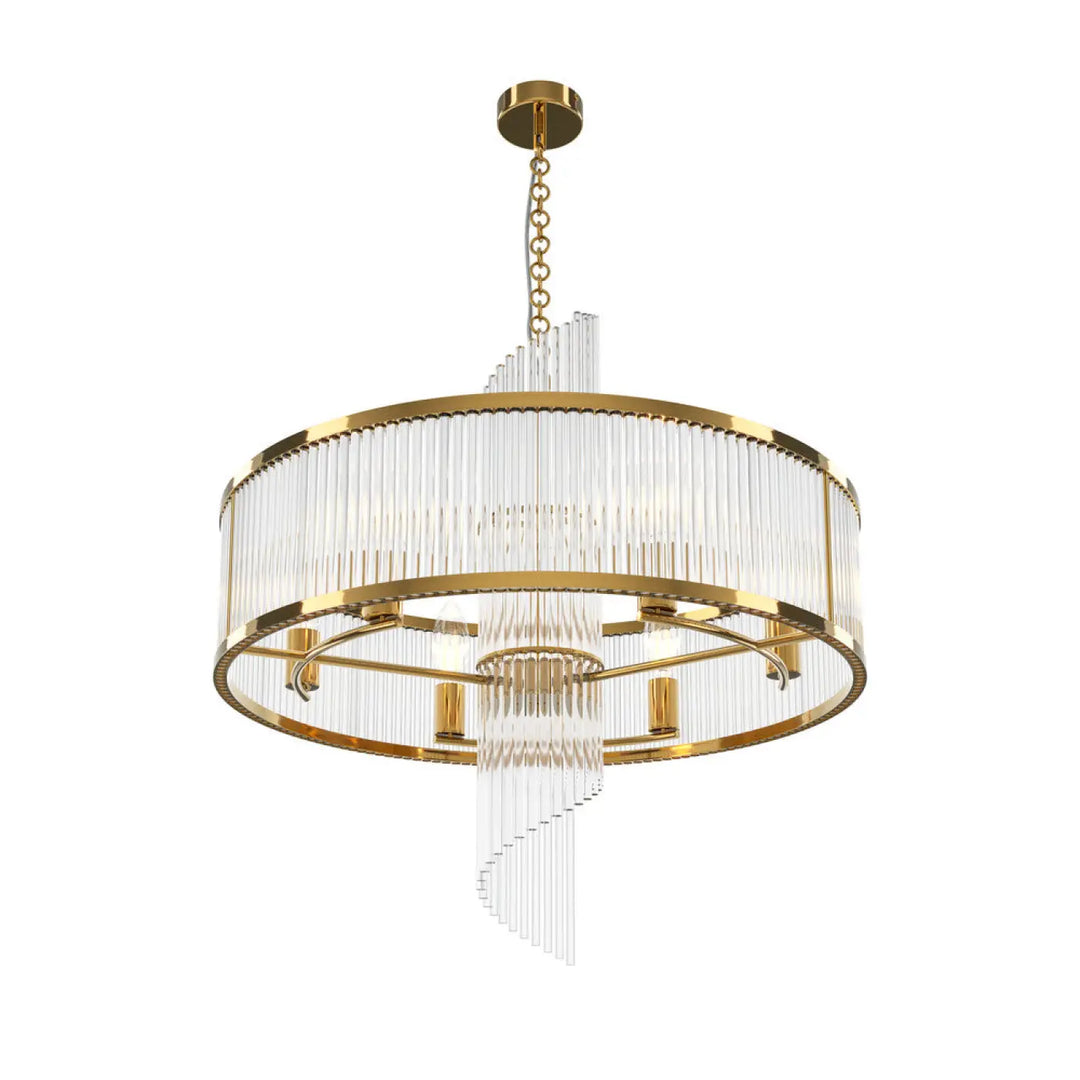 Chandelier suspension frame en métal doré avec cadres géométriques et tubes en verre clair en spirale cascade