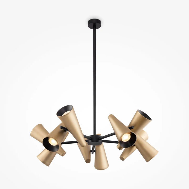 Suspension giro en acier doré et métal noir avec projecteurs orientables coniques disposés en pattern radial
