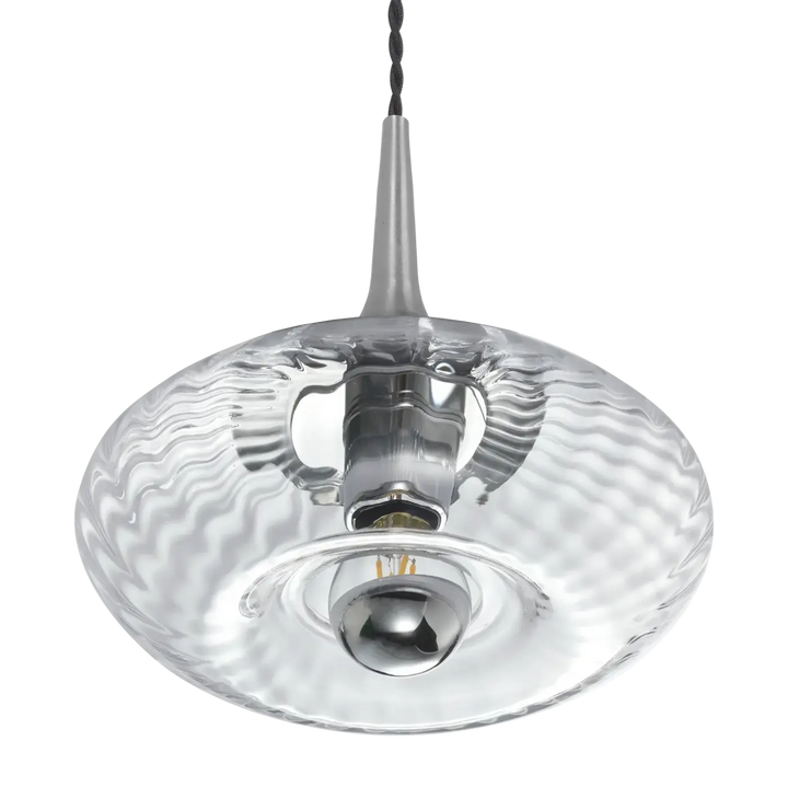 Suspension grace en verre soufflé clair avec surface ondulée et composants métalliques chromés modèle grace