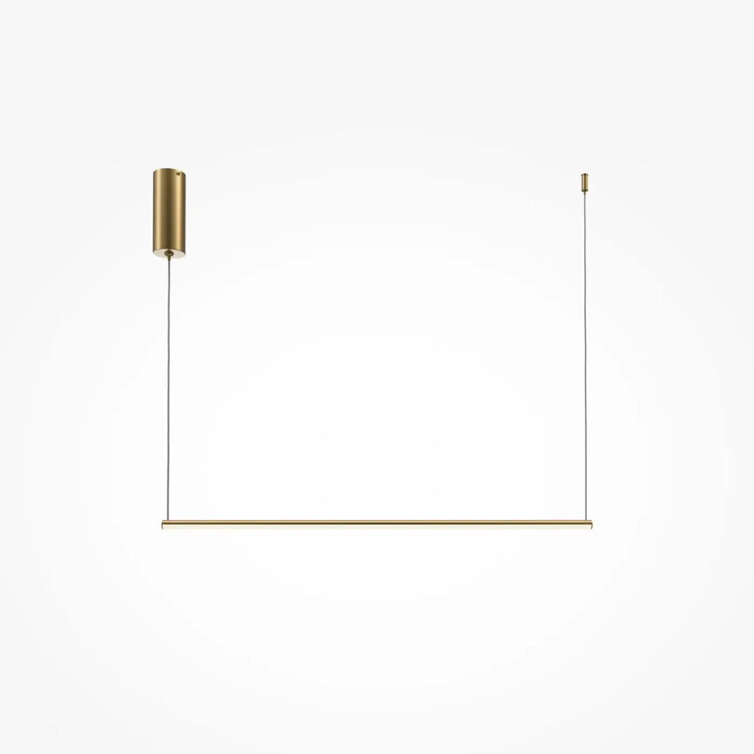 Minimalist suspension halo en acier doré avec barre horizontale fine et cylindre supérieur suspendu par câbles fins