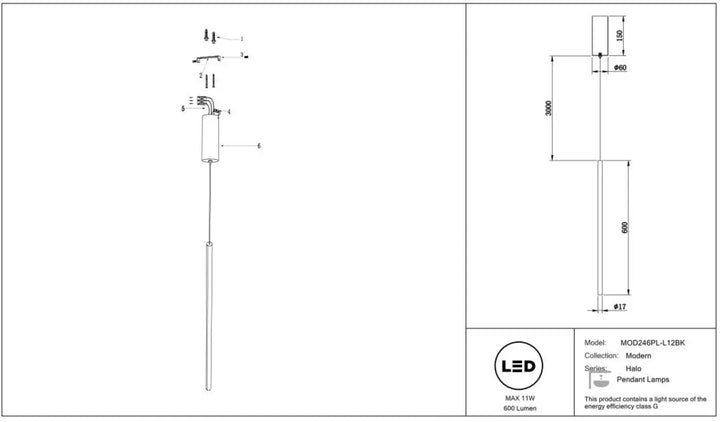 Suspension halo tube vertical en acier doré avec corps cylindrique moderne et éclairage led intégré