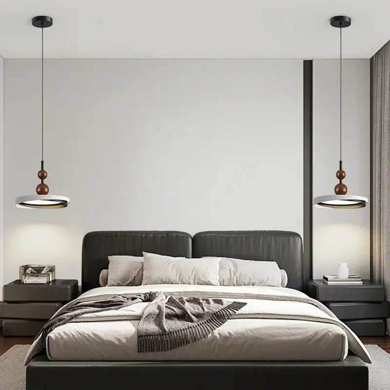 Suspension LED Design Moderne Anneau Rond Noir Et Bois

