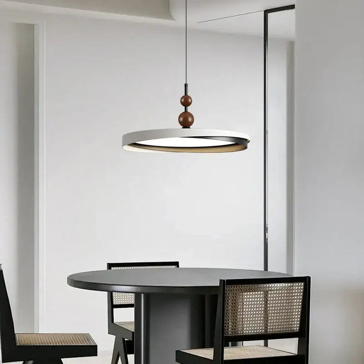 Suspension LED Design Moderne Anneau Rond Noir Et Bois

