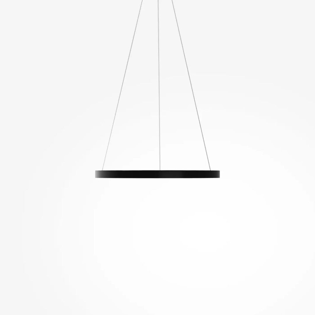 Black circular suspension led rim pendant light with sleek minimalist design suspended by thin cables