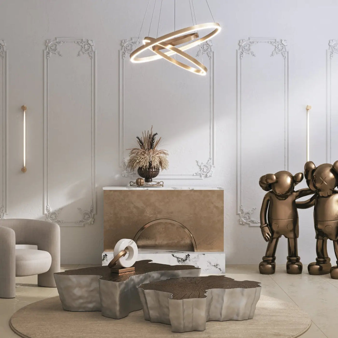 Suspension led rim double anneaux dorée ton moderne avec design minimaliste pour éclairage contemporain