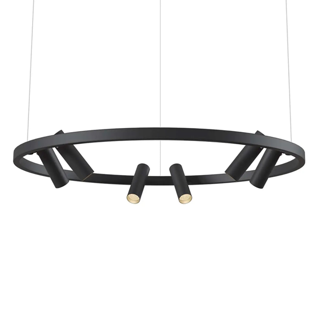 Suspension led satellite cercle lumineux noir avec design moderne et spots led cylindriques pour intérieur contemporain