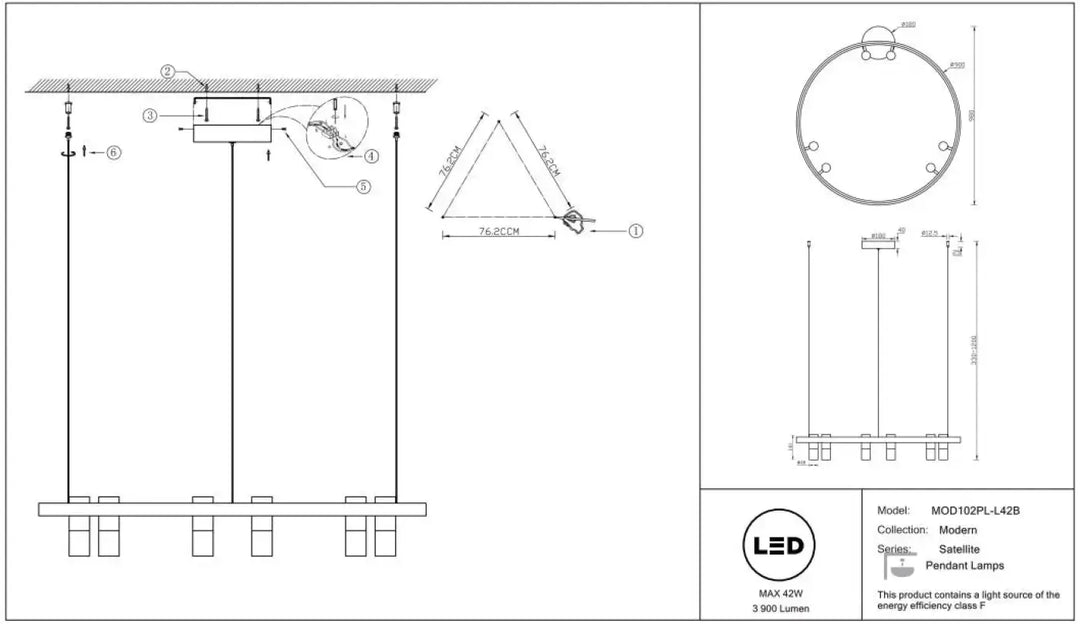 Suspension led satellite avec trois cercles lumineux minimalistes suspendus à une tige centrale noire