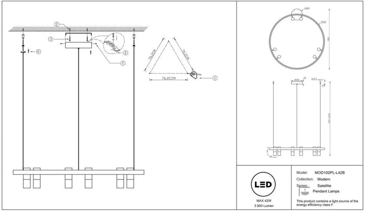 Suspension led satellite avec trois cercles lumineux minimalistes suspendus à une tige centrale noire