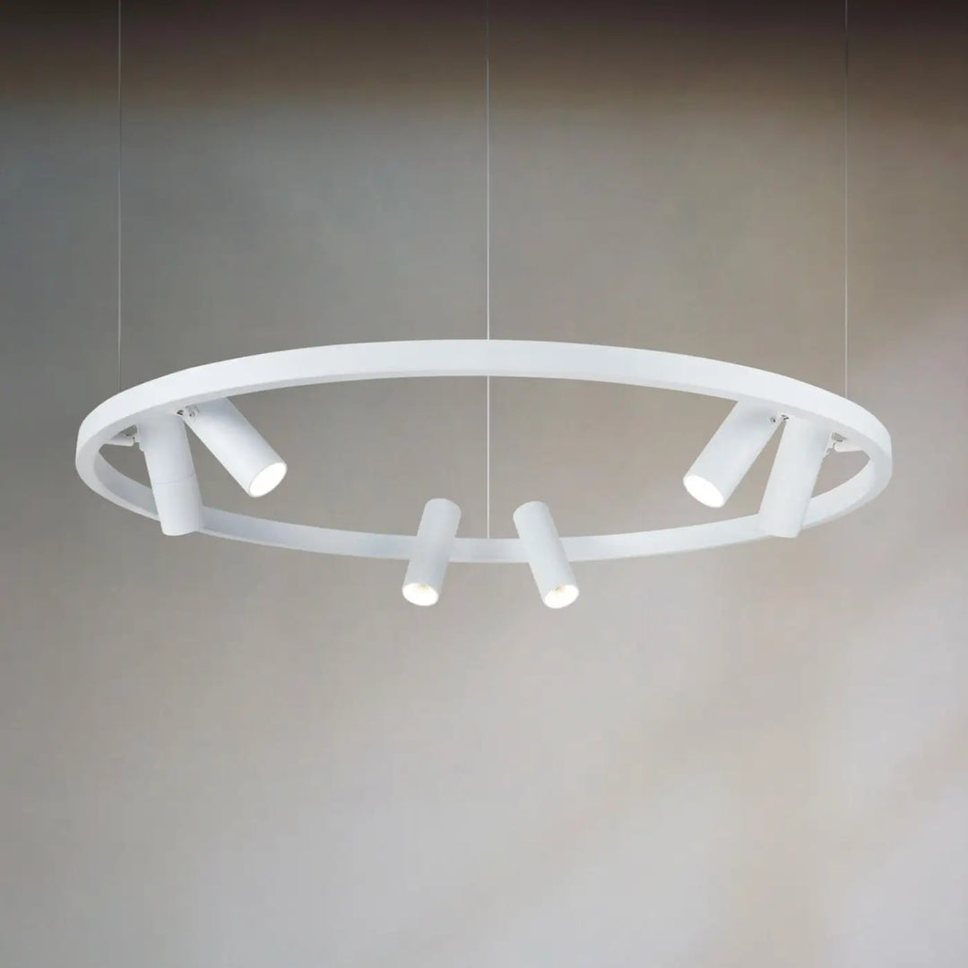 Suspension led satellite cercle lumineux blanc moderne avec six spots cylindriques led répartis uniformément