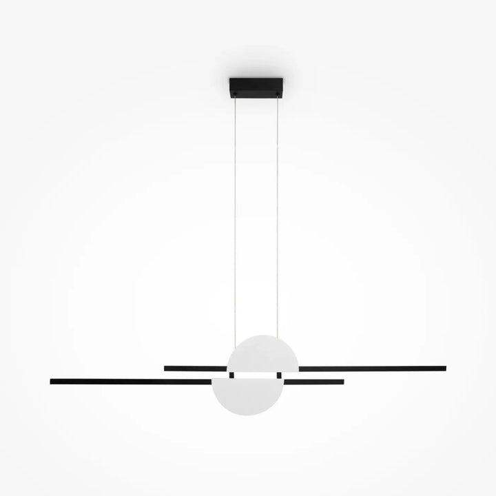 Suspension led skyline minimaliste noir et blanc avec barres horizontales élégantes et diffuseur circulaire central pour table