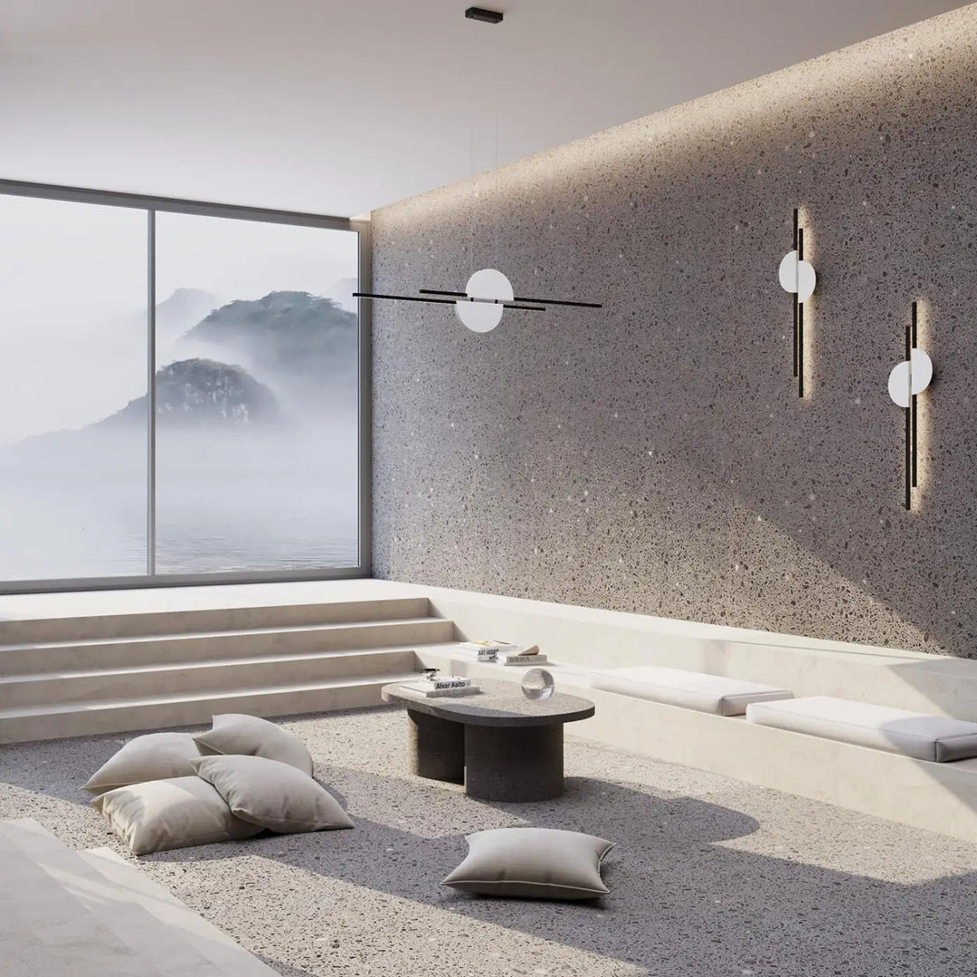 Minimalist suspension led skyline avec table basse en béton rond au dessus élégant et base en pierre foncée