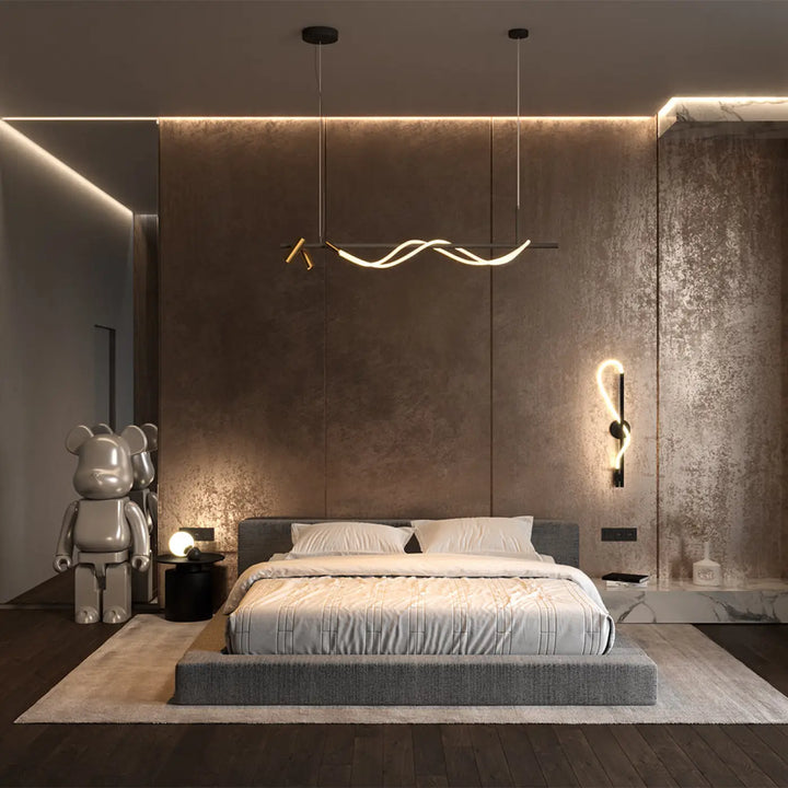Suspension led tau ruban noué en acier noir avec design ondulé moderne et éclairage led chaud au-dessus d’une pièce