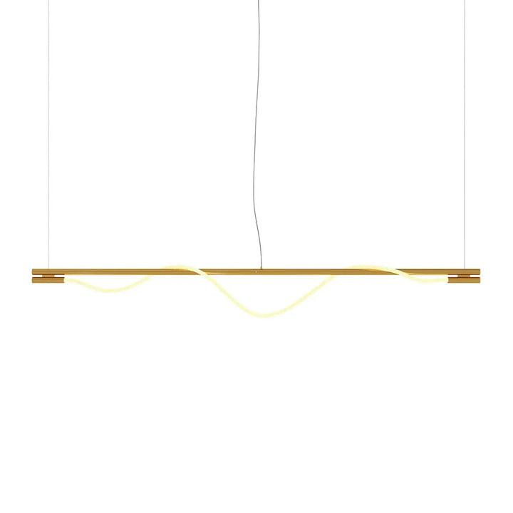 Suspension led tau ruban souple avec cadre en bois doré style art déco et ruban led ondulé émettant une lumière chaude au-dessus d’une pièce