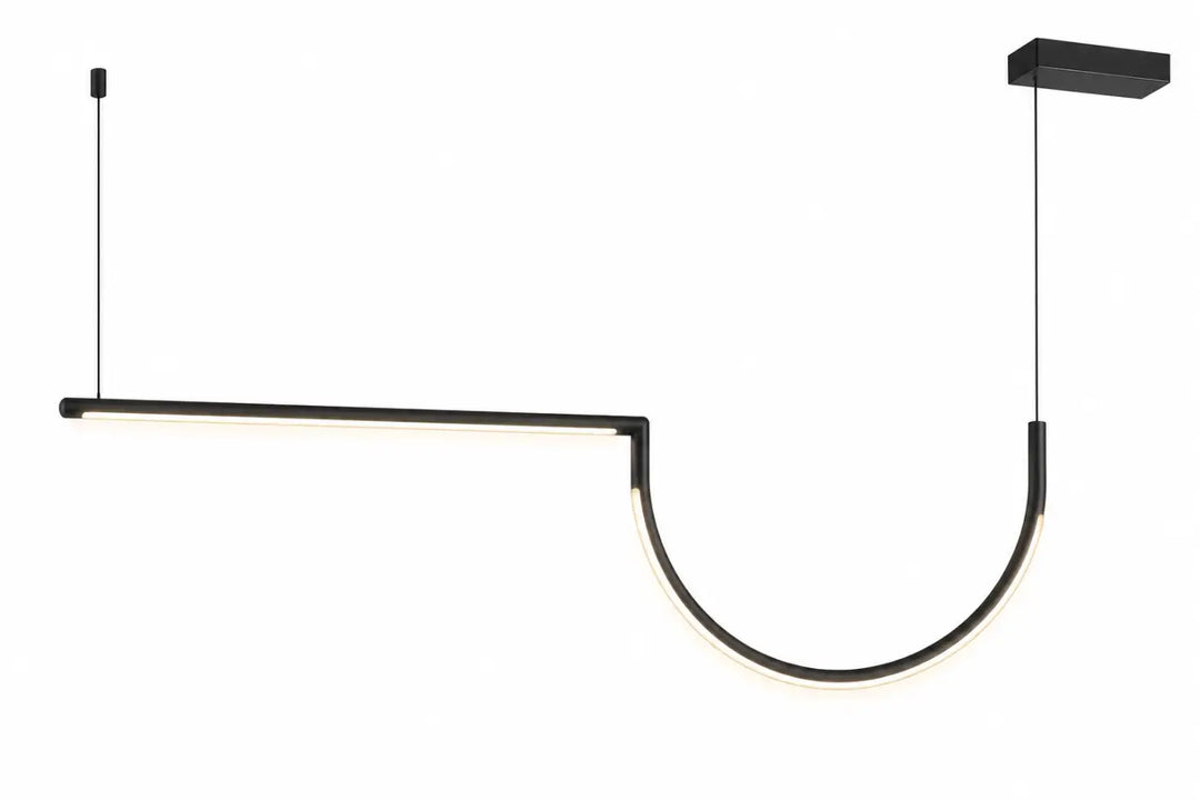 Suspension tubs modular en aluminium noir avec led linéaire et courbe et mini rosace encastrée design minimaliste