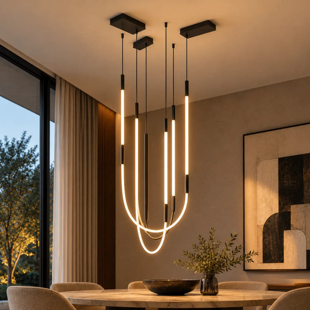 Suspension luminaire tubs modular en aluminium noir avec trois arches croisées et tubes led courbés suspendus par mini rosace encastrée