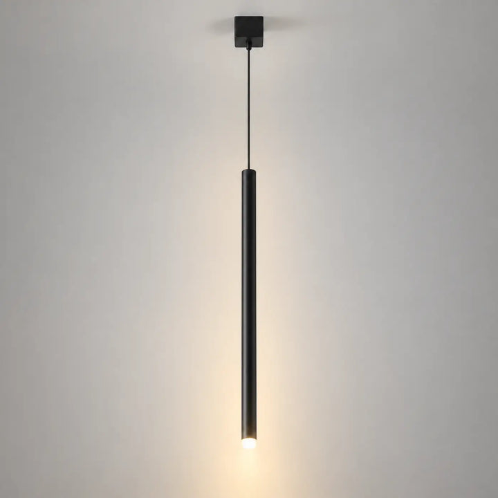 Suspension led tubs modular en aluminium noir avec mini rosace encastrée et lumière chaude au bas