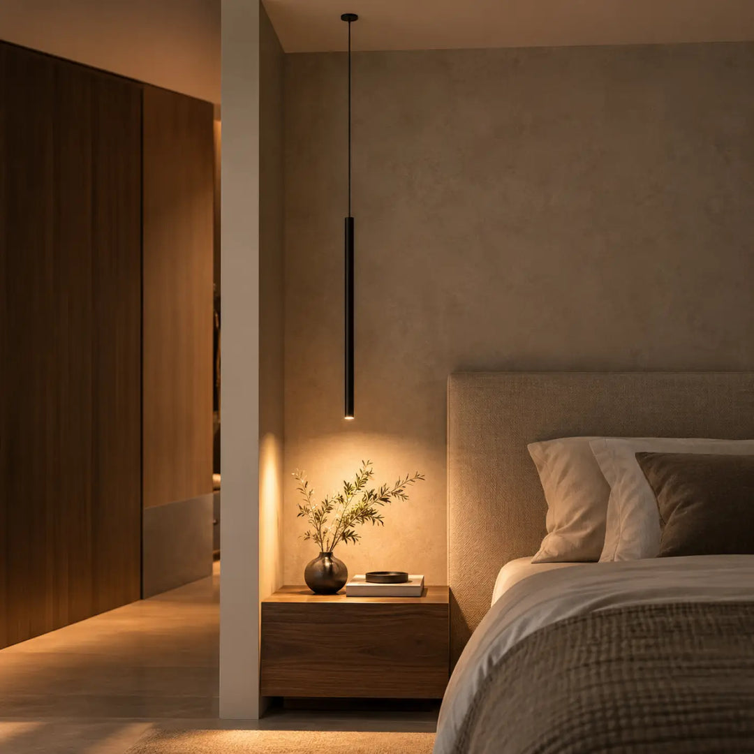 Suspension luminaire tubs modular en aluminium noir avec mini rosace encastrée et suspension led à lumière chaude