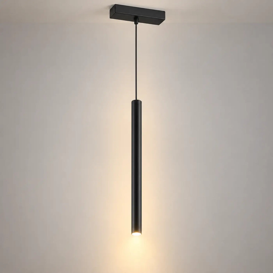 Suspension led tubs modular noire en aluminium avec mini rosace encastrée et éclairage ambiant chaleureux