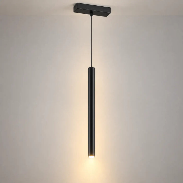 Suspension led tubs modular noire en aluminium avec mini rosace encastrée et éclairage ambiant chaleureux
