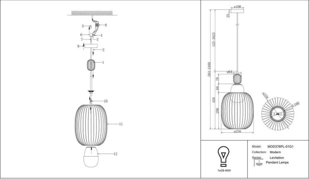 Suspension levitation cage dorée avec abat-jour en verre sphérique nervuré et suspension métallique disponible en trois tailles
