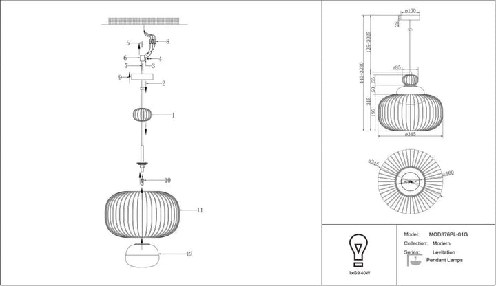 Suspension levitation cage dorée avec abat-jour sphérique en verre nervuré disponible en trois tailles
