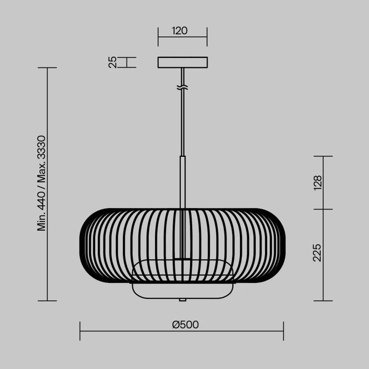 Suspension levitation cage dorée moderne en fil métallique noir cylindrique avec trois tailles et mesures précises