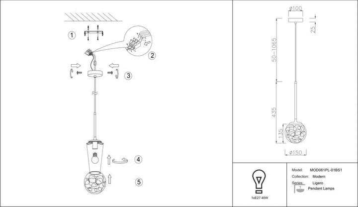 Suspension luminaire ligero avec globe en verre transparent à motif bulles et monture dorée style art déco