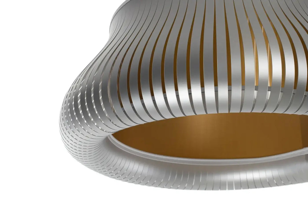 Suspension luminaire oblo argent doré avec abat-jour métallique argenté rainuré et intérieur doré pour une lumière chaleureuse