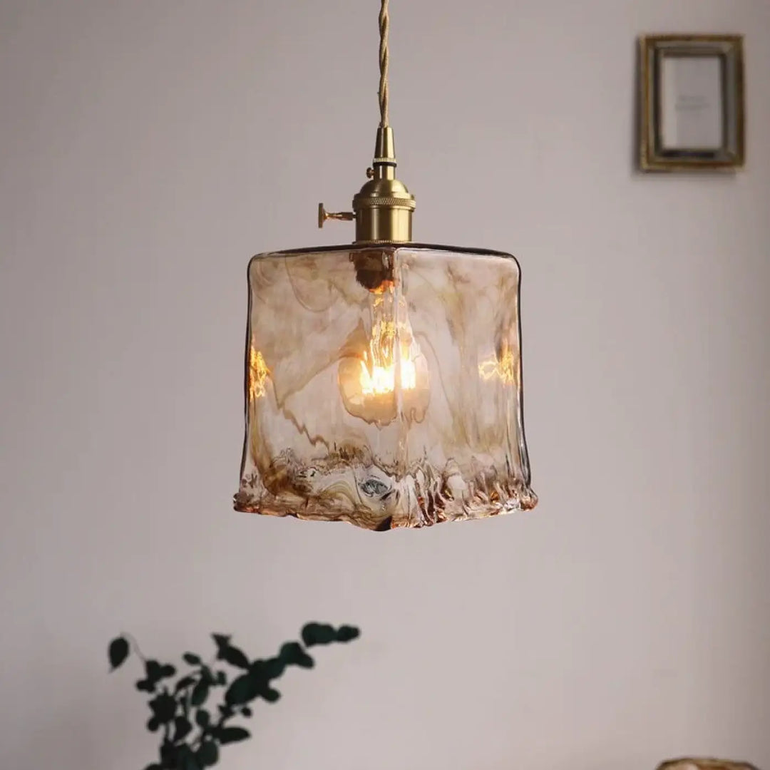 Suspension luminaire art déco verre ambré texturé vintage