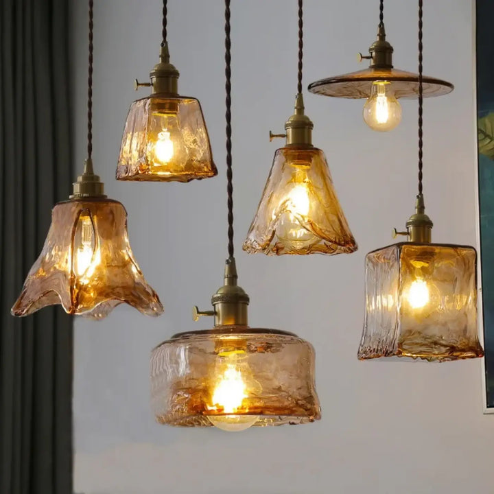 Suspension luminaire art déco verre ambré texturé vintage