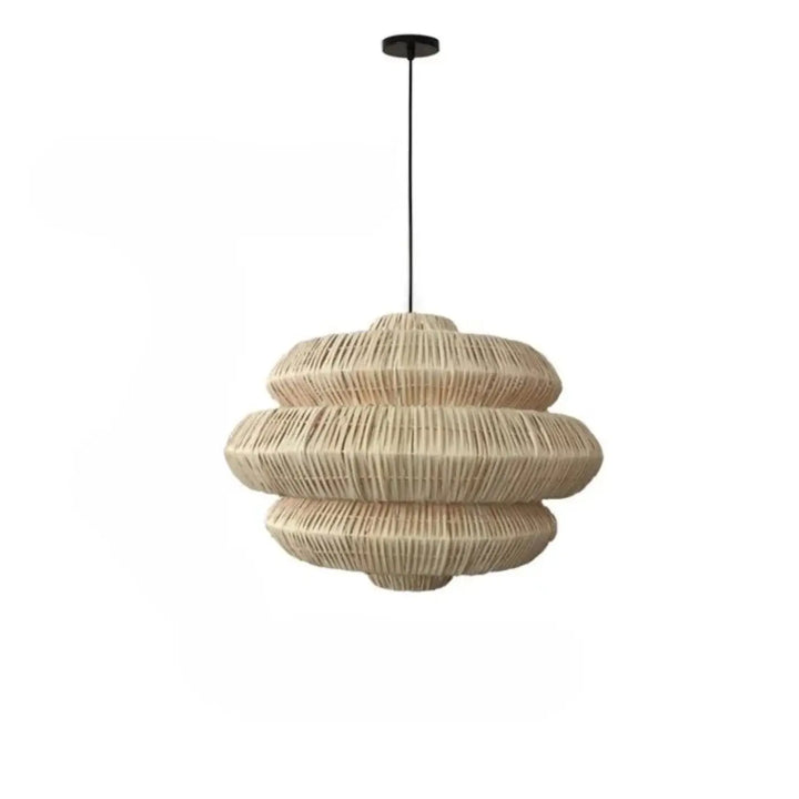 Suspension luminaire artisanale beige en rotin tressé formes superposées avec suspension métal noir design Tiello