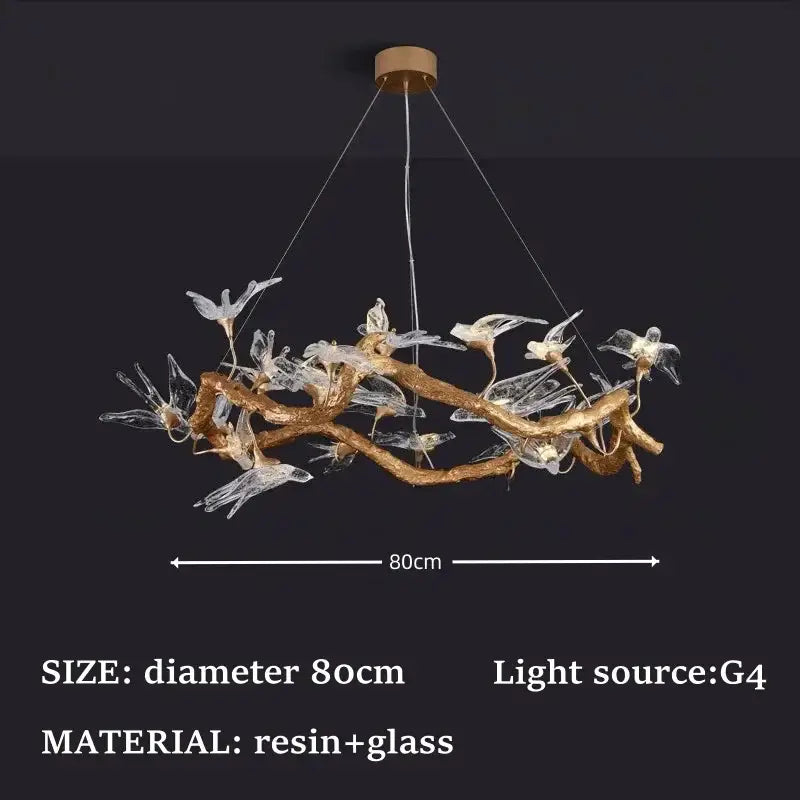 Suspension luminaire artistique oiseaux en verre doré