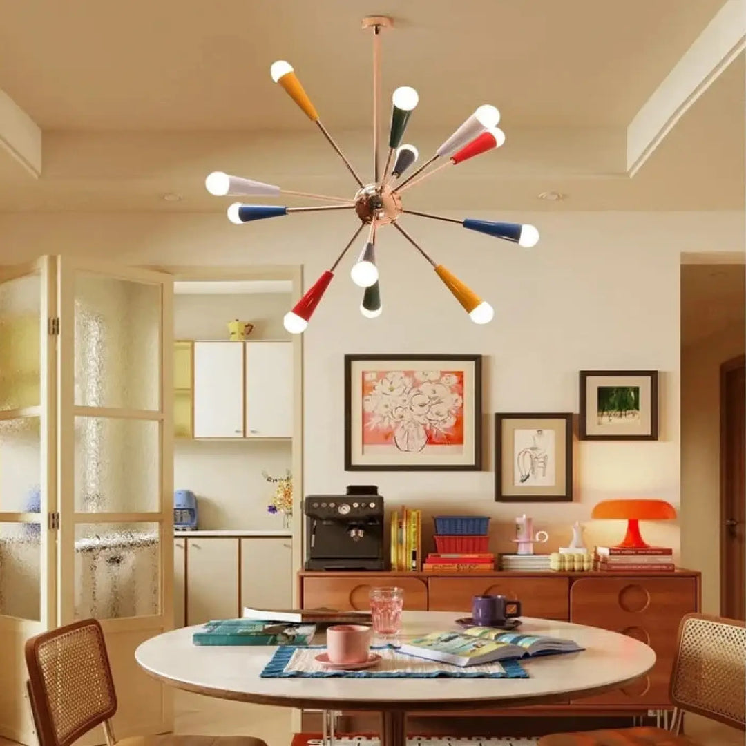 Suspension luminaire artistique astria avec bras métalliques et abat-jours en verre givré multicolore pour ambiance chaleureuse