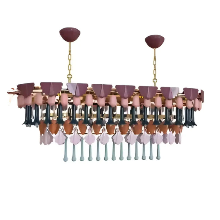 Suspension luminaire modora avec pampilles colorées en verre burgundy et cuivre suspendues à des chaînes dorées esprit couture