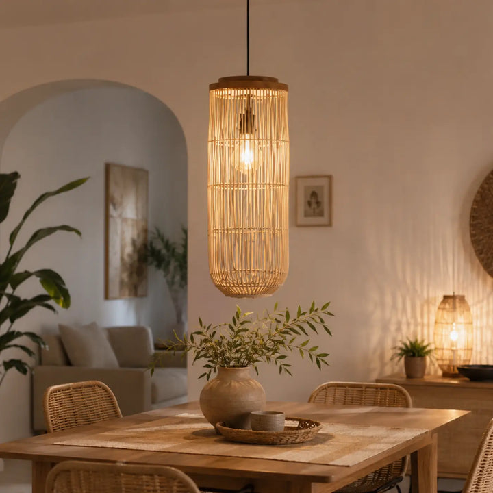 Suspension luminaire cylindrique nyra en rotin naturel avec une ampoule chaude pour décoration intérieure style bohème