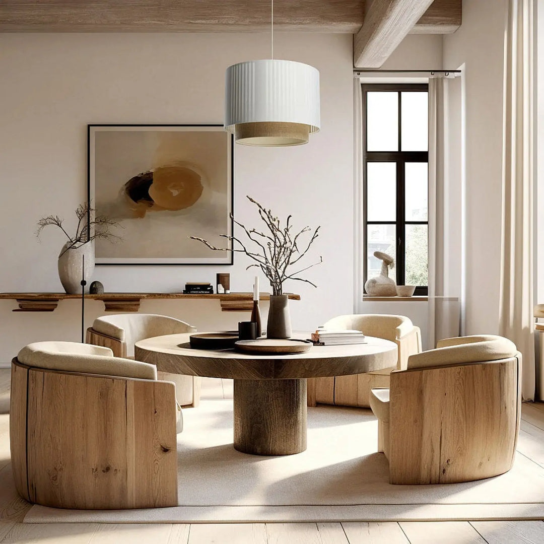 Table à manger ronde en bois avec socle épais texturé et finition en grain naturel sous suspension luminaire beige duo lami line
