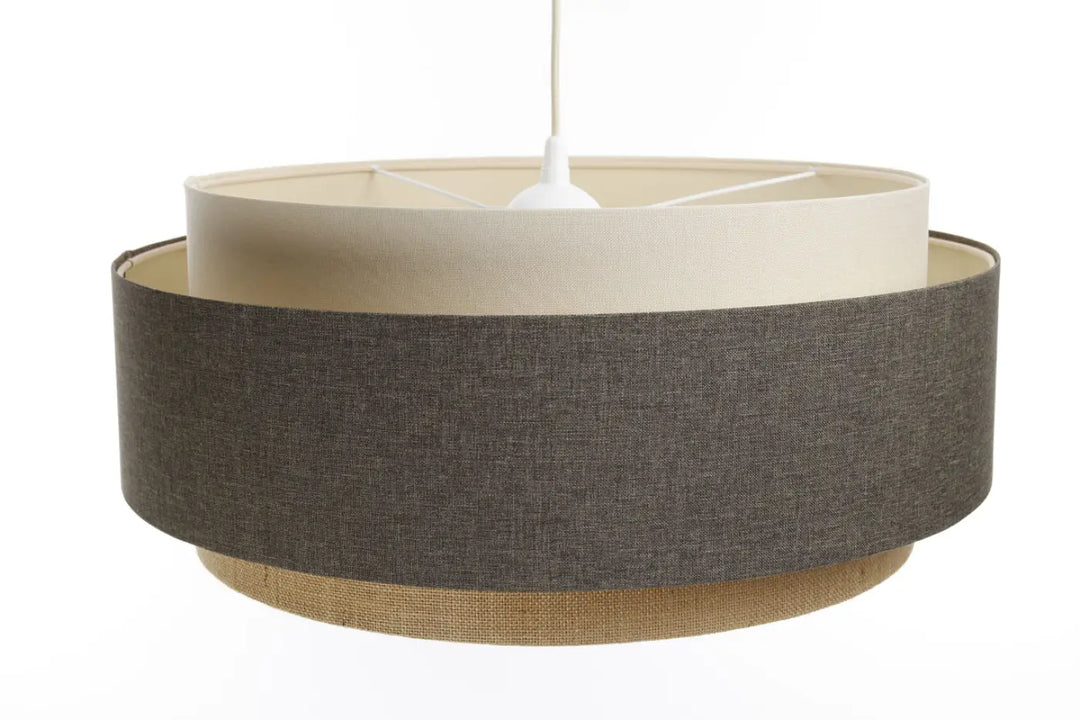Suspension luminaire doblo boho élégant avec abat-jour supérieur gris charbon texturé et base en toile de jute beige naturel