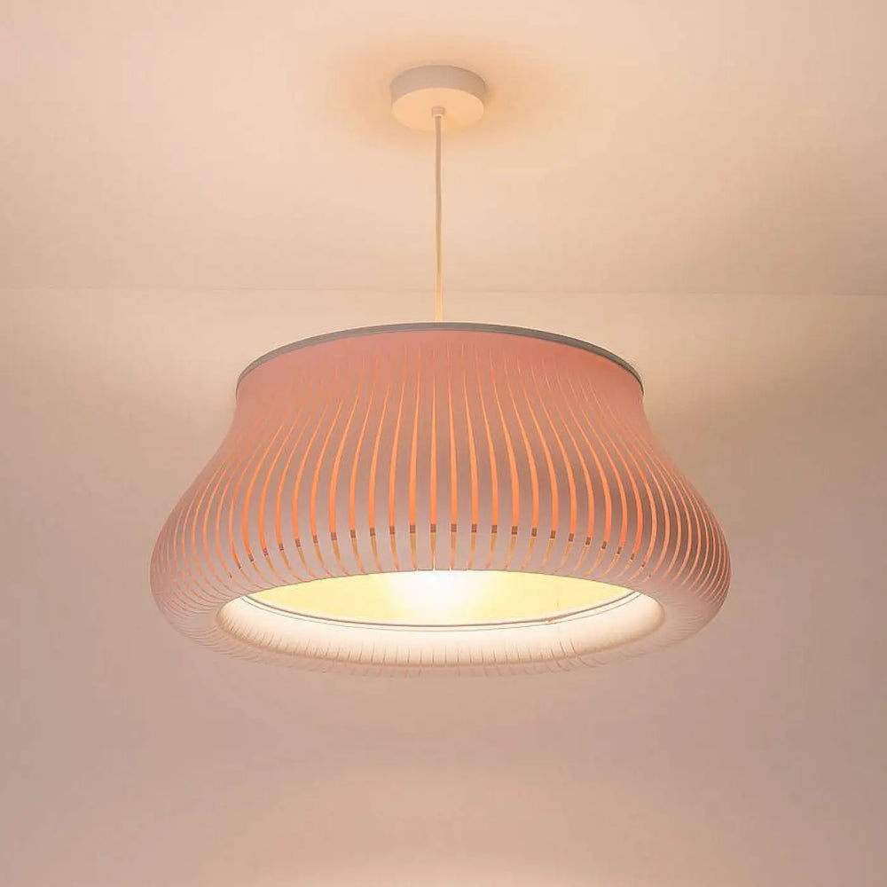 Suspension luminaire oblo blanc jaune avec abat-jour tissé en tissu côtelé pêche doux et fixation plafond blanche élégante