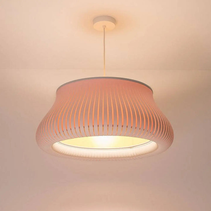 Suspension luminaire oblo blanc jaune avec abat-jour tissé en tissu côtelé pêche doux et fixation plafond blanche élégante